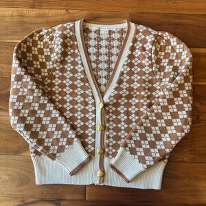 Veronica Beard Tan and Cream Adaire Argyle Cardigan 100% cotton Small